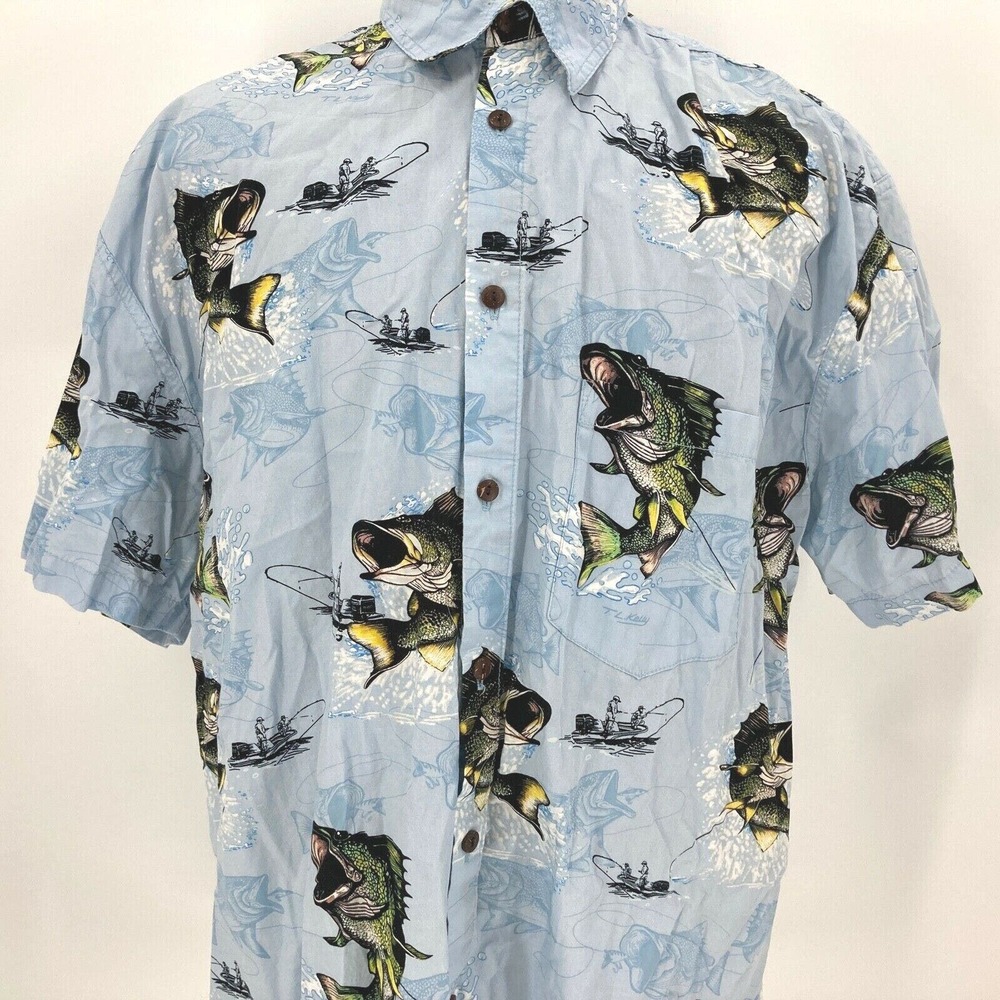 High Seas Mens Fisherman Largemouth Bass Hawaiian Shirt Size 2XL Fishing Boat